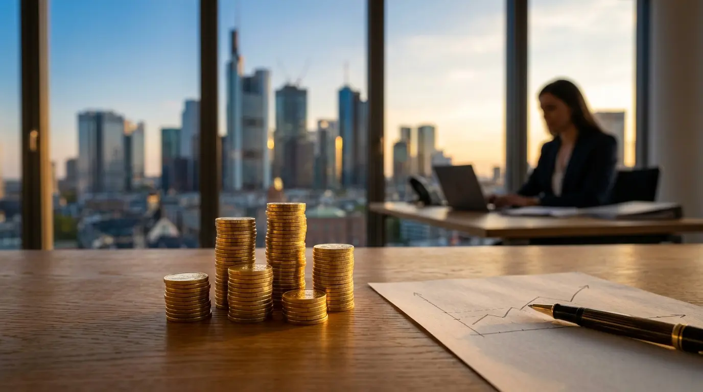 Symbolbild zu Dividendenausschüttungen im DAX 2026 – Euro-Münzen und ansteigender Chart-Verlauf vor dezentem Frankfurter Börsen-Skyline-Motiv