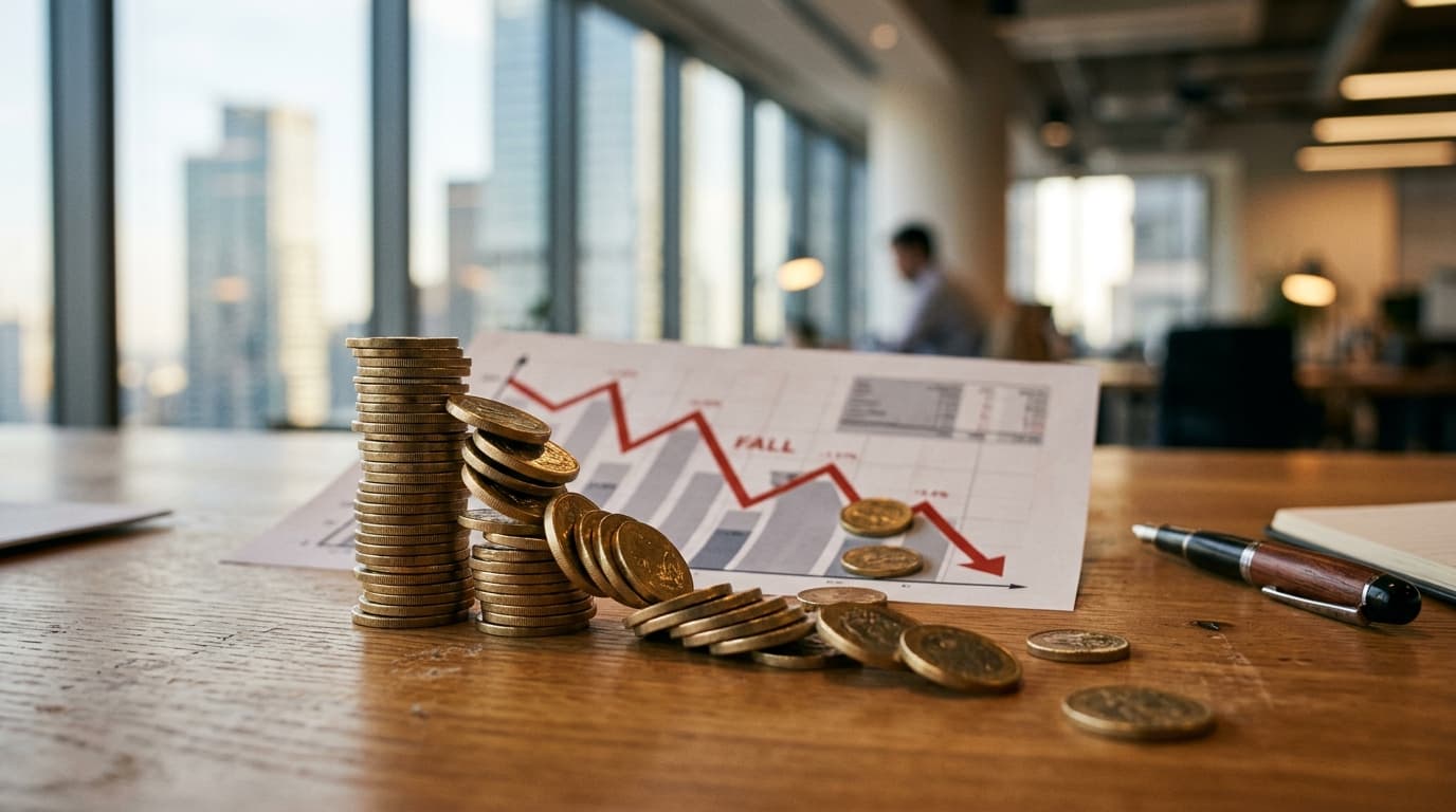 Kippender Stapel Goldmünzen neben einem fallenden Aktienchart auf einem Holzschreibtisch, Sinnbild für die Dividendenfalle bei trügerisch hoher Rendite