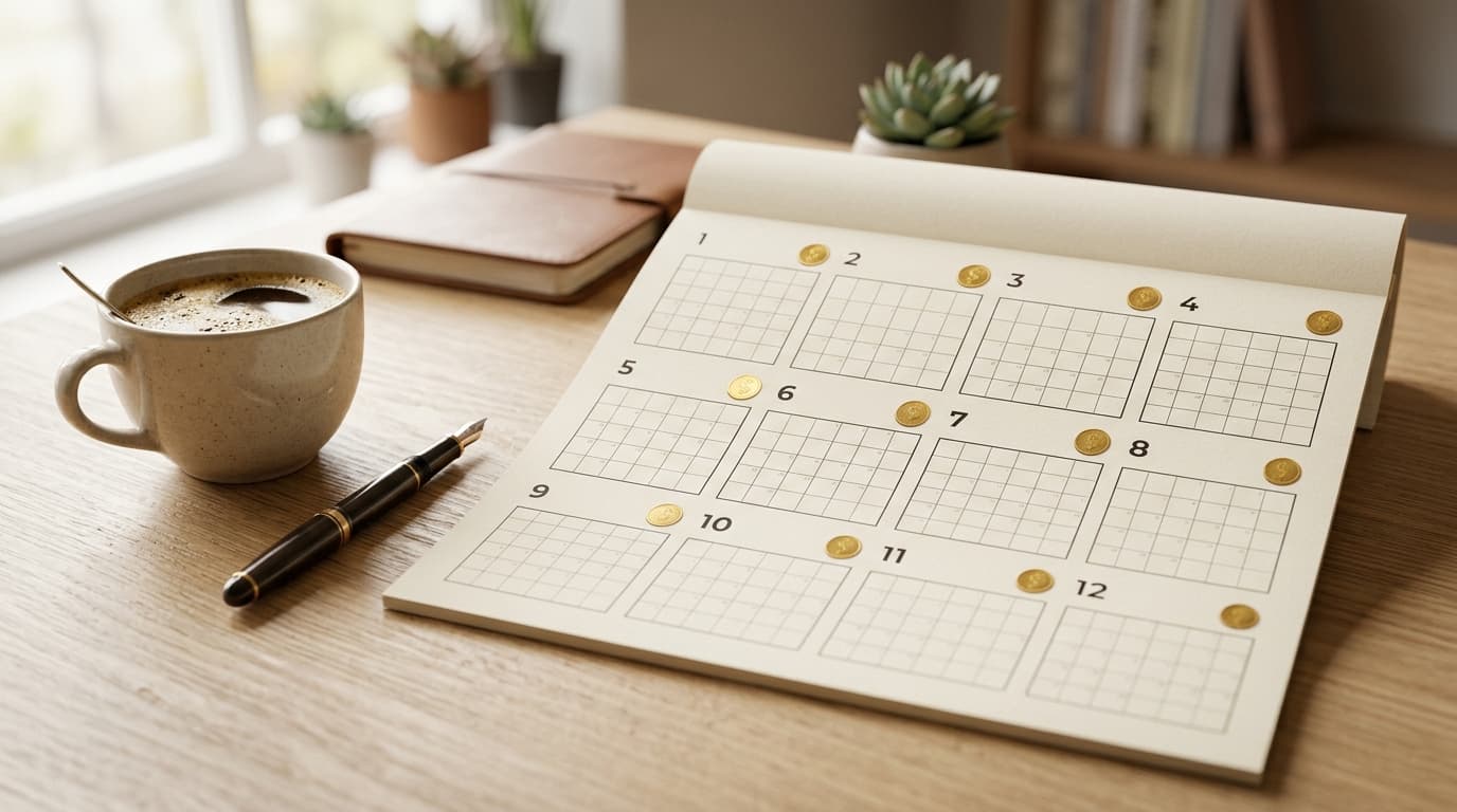 Wandkalender mit zwölf Monatsfeldern, in jedem Feld eine kleine goldene Münze als Symbol für eine wiederkehrende monatliche Ausschüttung, daneben Kaffeetasse und Füllfederhalter auf hellem Holztisch